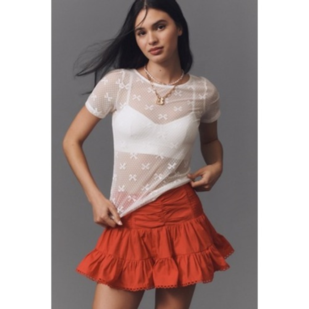 Anthropologie Ivory Sheer‎ Lace Bow Motif Short Sleeve Mesh Top Womens Medium